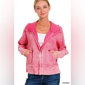 NEW Without Tags. Zenana Acid Wash 100% Cotton Waffle Hooded Zip-Up Jacket.